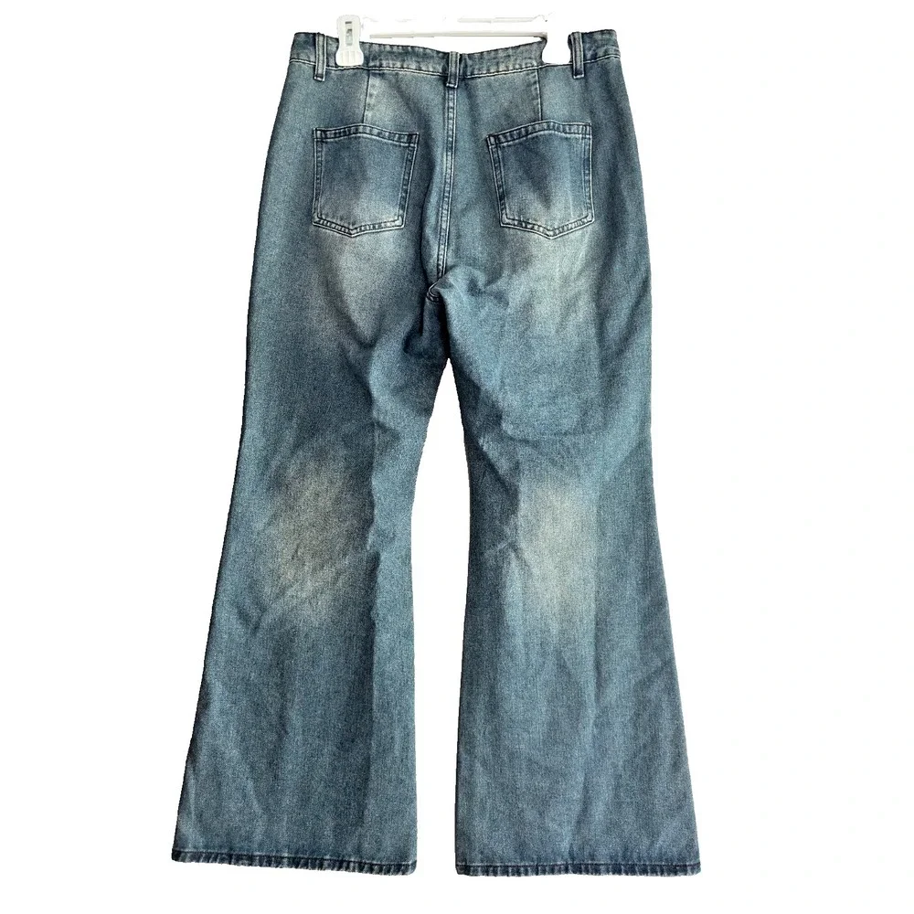 CIDER Women's L Lace Up Corset Distressed Wide Flare Fringe Jeans Y2K Festival - Picture 4 of 8